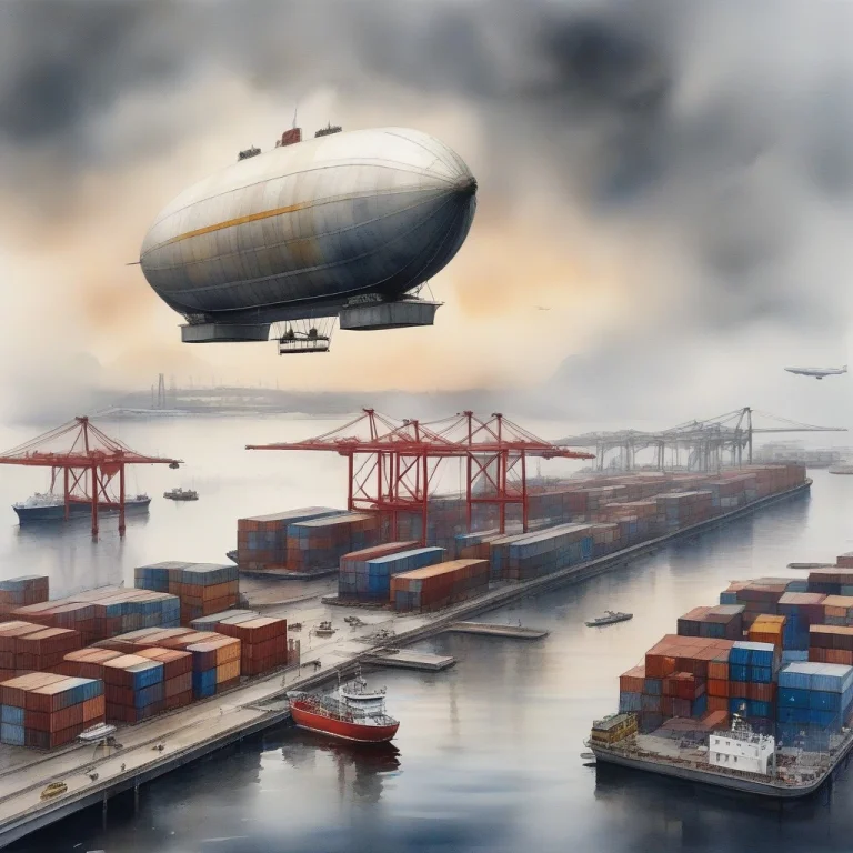 A Cargo Airship Moored Above A Busy Port, Watercolor Paintin...