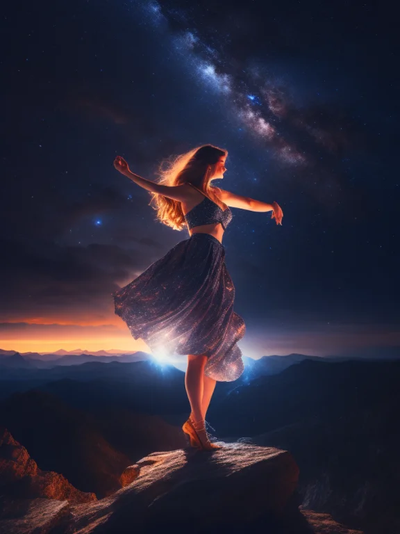 Photo Of A Woman Dancing Seductively On Mountaintop At Night...