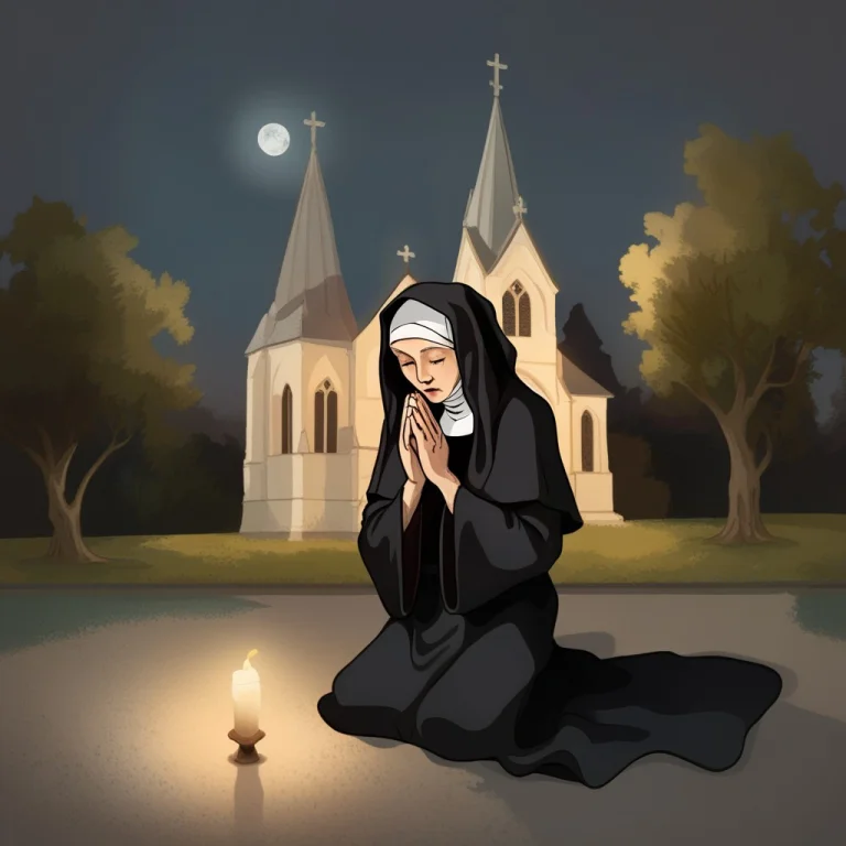 A Nun Dressed In Traditional Nun Clothing, Praying In Front...