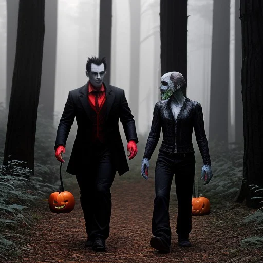 A Male Vampire And A Male Zombie Walking In A Haunted Digita...