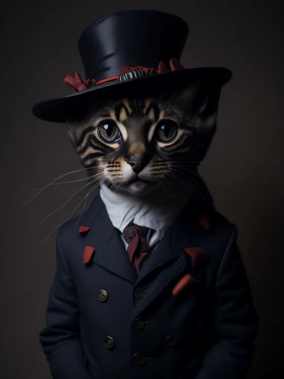 Portrait, Cute Cat Cub Wearing Beefeater Clothes, Low Light,...