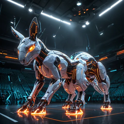 Whiteember, Whiteember Tech - World Morph Two Robotic Kangar... — SDXL AI Prompt: WhiteEmber, WhiteEmber Tech - World Morph two robotic kangaroos, futuristic bask...