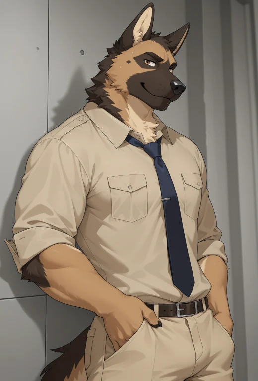 Male Anthro German Shepherd, Multicolored Fur, Solo, Button...