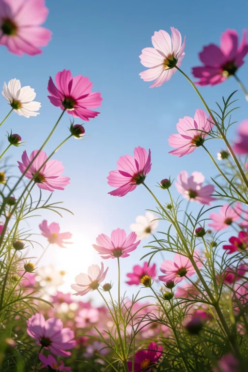 Low-angle Shot Looking Up Through A Field Of Vibrant Pink An...