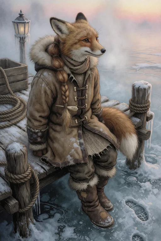 An Anthropomorphic Vixen Sitting On The Edge Of A Frozen Woo...