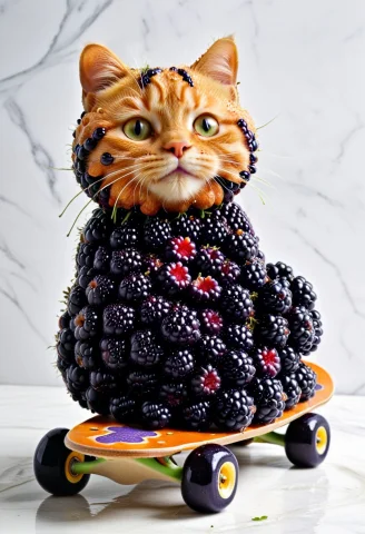 Blackberry Clusters, Garfield Cat Formed Entirely From Dense... — SDXL AI Prompt: blackberry clusters, Garfield cat formed entirely from densely packed blackberri...