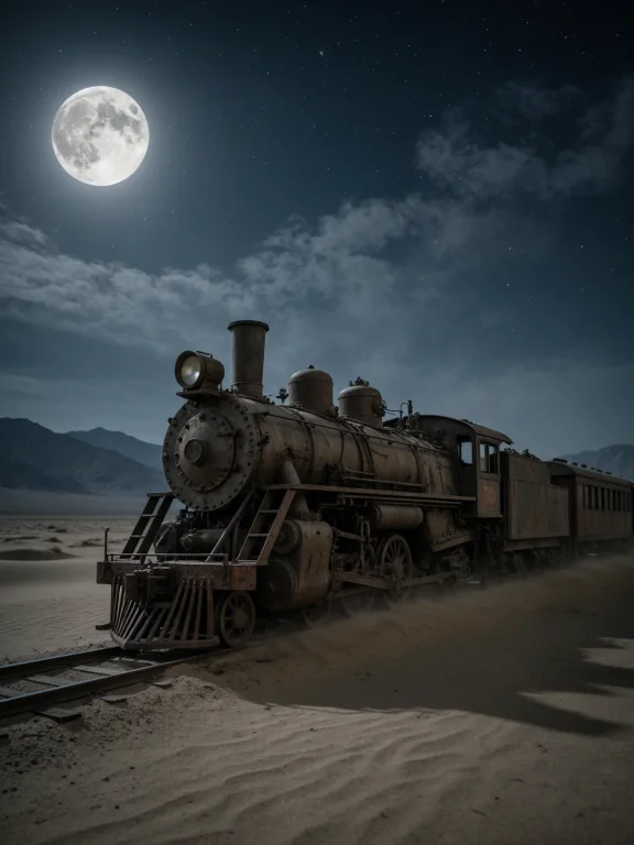 A Cinematic Night Landscape Shows An Old Steam Locomotive Bu...