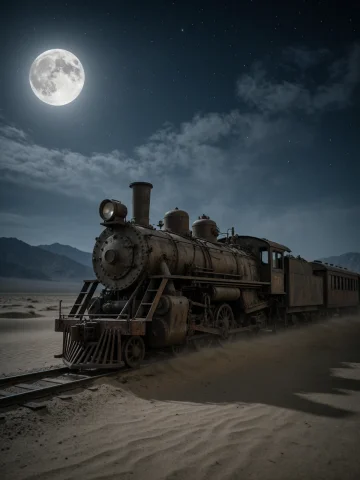 A Cinematic Night Landscape Shows An Old Steam Locomotive Bu... — Stable Diffusion AI Prompt: A cinematic night landscape shows an old steam locomotive buried in drifting san...