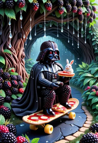 A Blackberryworld Darth Vader Made Of Dense Groups Of Dark,... — SDXL AI Prompt: a blackberryworld Darth Vader made of dense groups of dark, round berries., sitt...