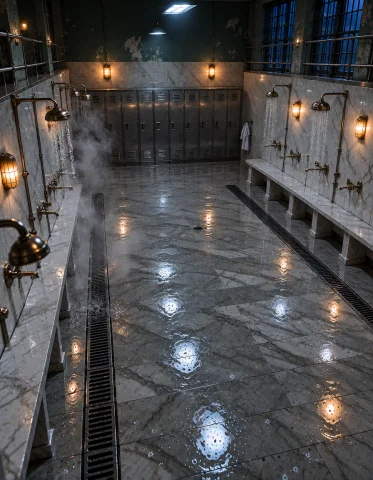 W0m3ns Pr1s0n, Photorealistic, The Same Empty Communal Marbl... — Stable Diffusion AI Prompt: w0m3ns pr1s0n, photorealistic, the same empty communal marble shower room in the...