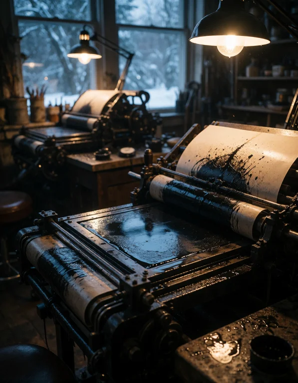 Create A Refined Vertical Scene Depicting A Letterpress Prin...