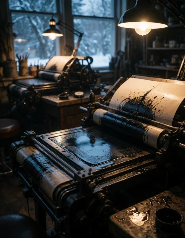 Create A Refined Vertical Scene Depicting A Letterpress Prin... — Stable Diffusion AI Prompt: Create a refined vertical scene depicting a letterpress print shop running its f...