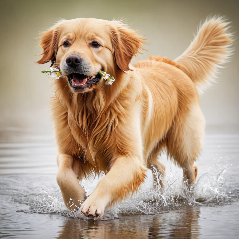 There Is A Dog Running Through A Puddle Of Water With A Dais...