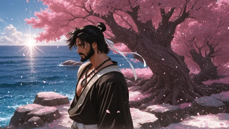 A Monk, Ocean, Pink Flower, Windy