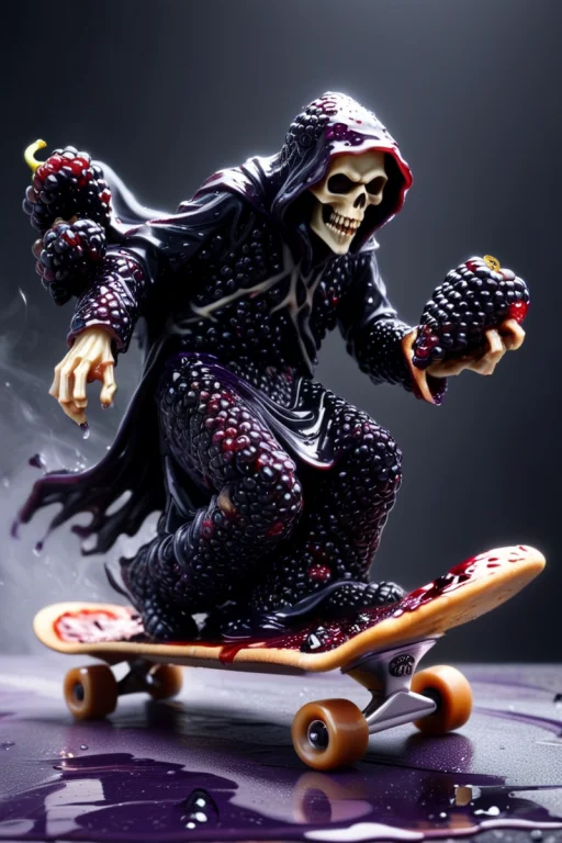 A Cinematic Action Sceen Of A Grim Reaper Riding A Skateboar...