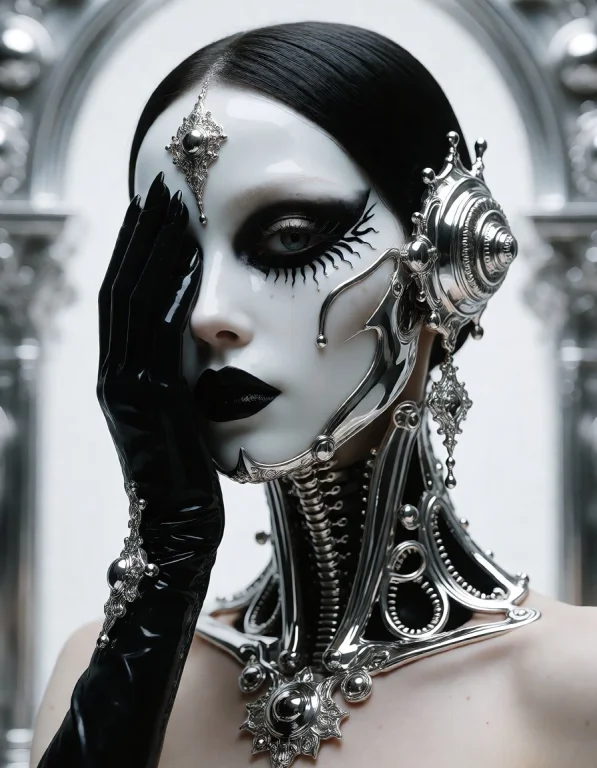 A Surreal Adult Biomechanical Woman With Sculptural Chrome D...