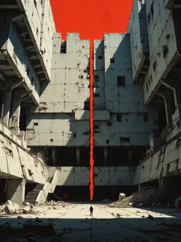 A Tiny Man Standing At The Center Of A Monumental Brutalist... — Stable Diffusion AI Prompt: A tiny man standing at the center of a monumental brutalist plaza, gigantic geom...
