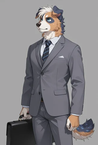 Male Anthro Australian Shepherd, Multicolored Fur, Solo, Gre... — Stable Diffusion AI Prompt: male anthro australian shepherd, multicolored fur, solo, grey suit, tie, briefca...