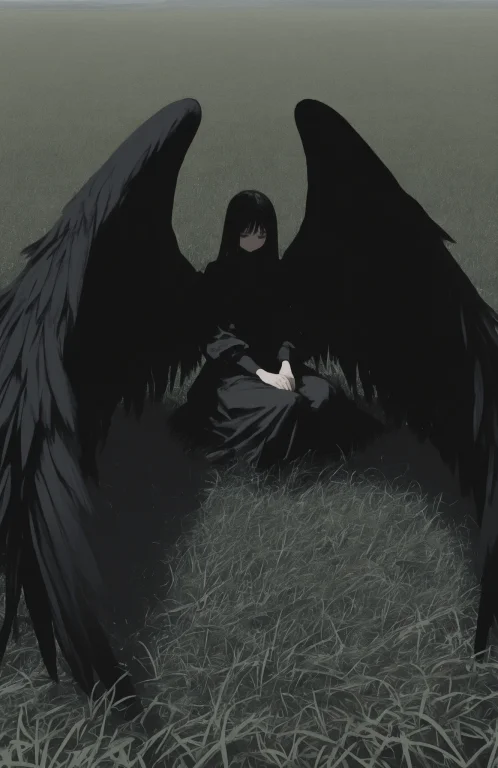 Wide Angle, Dark White Field , Black Huge Wings, 1girl, Blac...