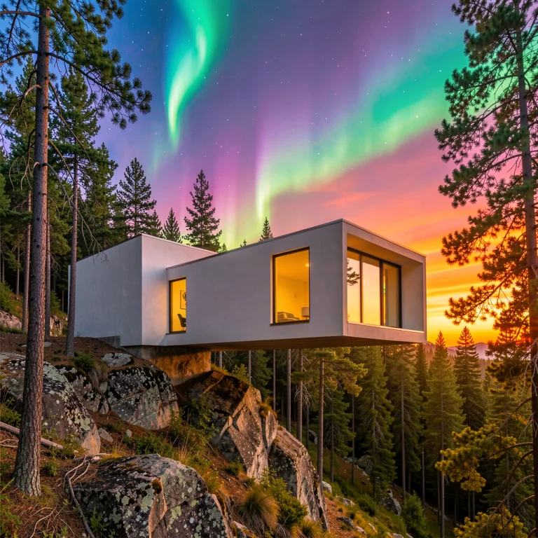 A Minimalist House Cantilevered Over A Forest, Aurora Glow,...