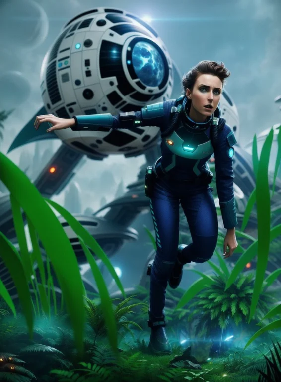 A Frightened 30 Year Old Woman In A Futuristic Spacesuit Run...