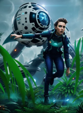 A Frightened 30 Year Old Woman In A Futuristic Spacesuit Run... — Stable Diffusion AI Prompt: a frightened 30 year old woman in a futuristic spacesuit runs through an alien j...