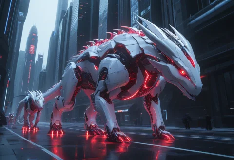 Whiteember, A Colossal White Cybernetic Dragon Casually Walk... — SDXL AI Prompt: WhiteEmber, a colossal white cybernetic dragon casually walking three ridiculous...