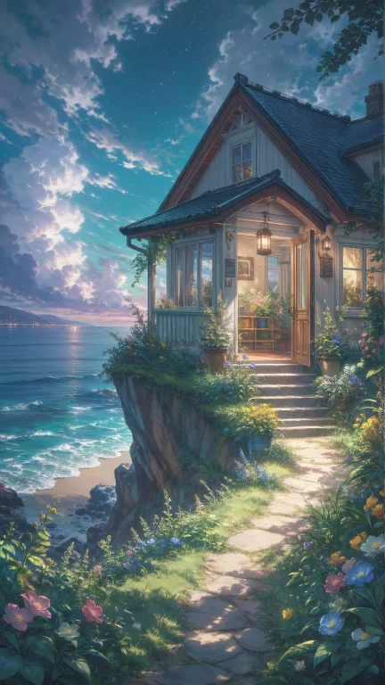 Anime Oil Painting Style In The Foreground, A Beautiful Hous...