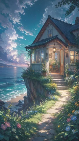 Anime Oil Painting Style In The Foreground, A Beautiful Hous... — Stable Diffusion AI Prompt: Anime oil painting style In the foreground, A beautiful house with a view of the...