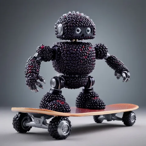 Blackberryworld Robot On Skateboard, Made Of Blackberries — SDXL AI Prompt: blackberryworld robot on skateboard, made of blackberries