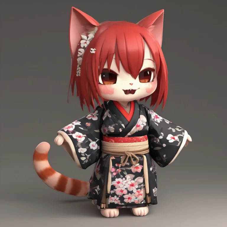 A 3d Chibi Anime Red Hair Cat Girl With Sharp Teethes Wear T...