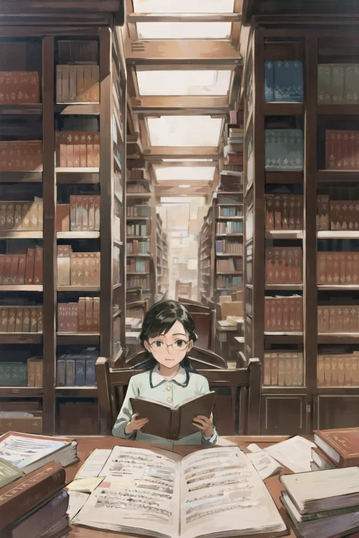 1girl, Solo, Librarian, Bookshelf, Library Setting, Reading...