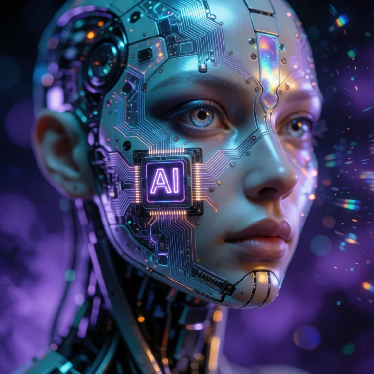 Cybernetic Humanoid Portrait, Digital Art Fusion Of Organic...