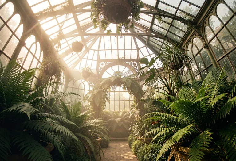 A Victorian Glasshouse Conservatory Full Of Ferns, Cinematic...