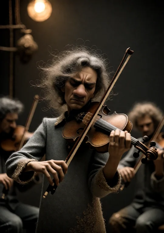 A Violinist Mid-performance With The Bow Across The Strings...