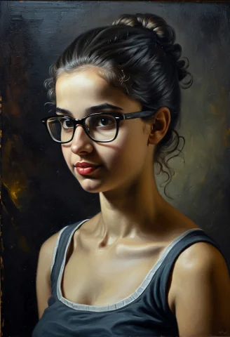 Classical Oil Painting, Candid, Short Cute Nerd-girl In Dark... — SDXL AI Prompt: ((classical oil painting)), ((candid)), short cute nerd-girl in dark room, dark...