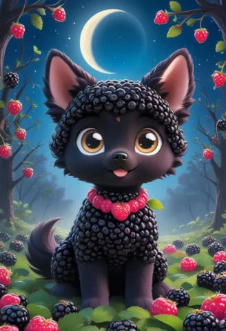 Blackberryworld, Cute Pink And Blue Dog, Berries World, Big... — SDXL AI Prompt: blackberryworld, cute pink and blue dog, berries world, big eyes, cartoon, whims...