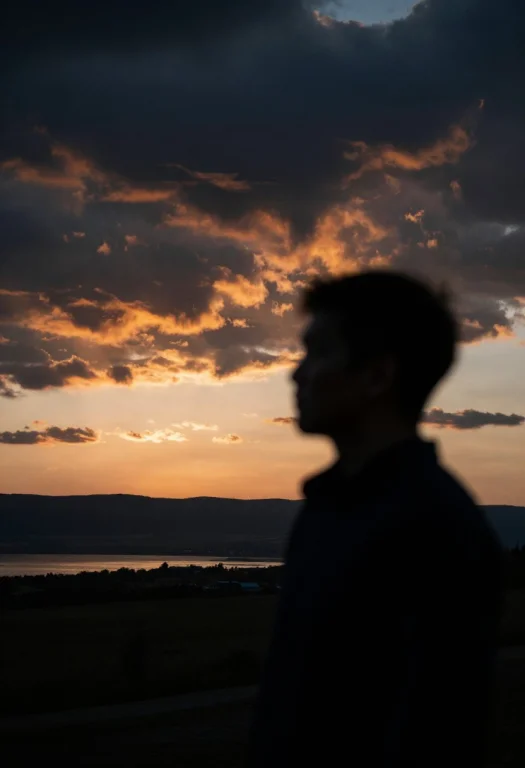 Blurred Dark Silhouette Of A Person Facing A Vibrant Sunset,...