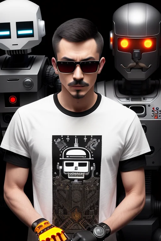 Narrow Eyes , Mustache, Black Monochrome T-shirt , Gloves ,...