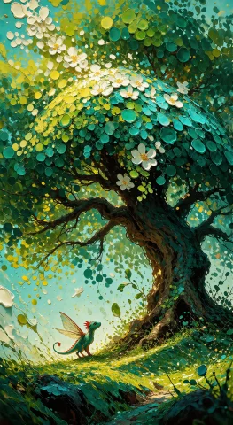 , A Massive, Impossibly Full Tree Dominates Nearly The Entir... — Stable Diffusion AI Prompt: , A massive, impossibly full tree dominates nearly the entire frame, its canopy...