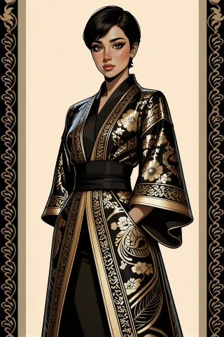 Volanisy Style, Woman With A Black Pixie, Wearing A Metallic... — Stable Diffusion AI Prompt: volanisy style, woman with a black pixie, wearing a metallic patterned kimono-in...