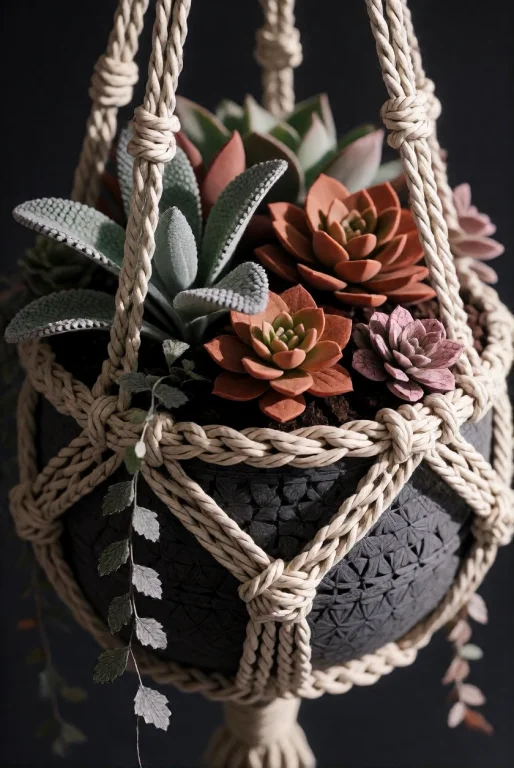 3dworld , A Hanging Macram Pot Of Thick Natural Inked Cord,...