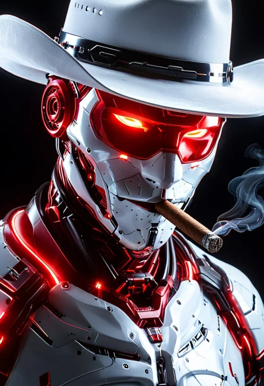Whiteembertech, Close-up Portrait Of A Cyborg Cowboy Smoking...