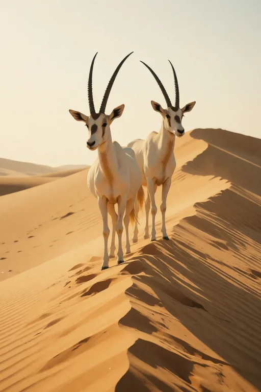 Nature, A Pair Of Arabian Oryx Standing On A Wind-sculpted D...