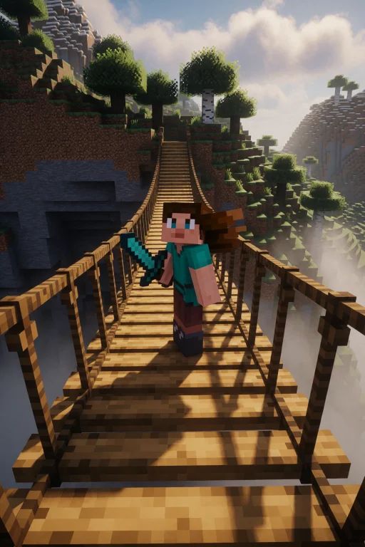 Minecraft Style. The Girl Standing At The Center Of A Rope B...