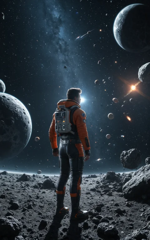 Professional 3d Model A Man Standing In A Space With Asteroi...