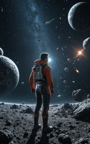 Professional 3d Model A Man Standing In A Space With Asteroi... — SDXL AI Prompt: professional 3d model a man standing in a space with asteroids and asteroids,,co...