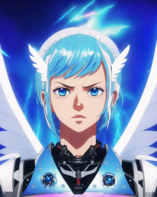 Side Bangs Robot Arms Closeup Light Baby Blue Hair, Cloud Ba...