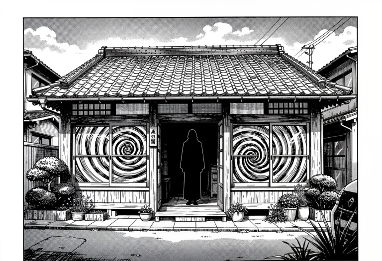 A Black And White Manga Panel In The Style Of Junji Ito. Wid...