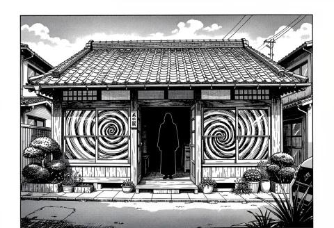 A Black And White Manga Panel In The Style Of Junji Ito. Wid... — FLUX AI Prompt: A black and white manga panel in the style of Junji Ito. Wide shot of a traditio...